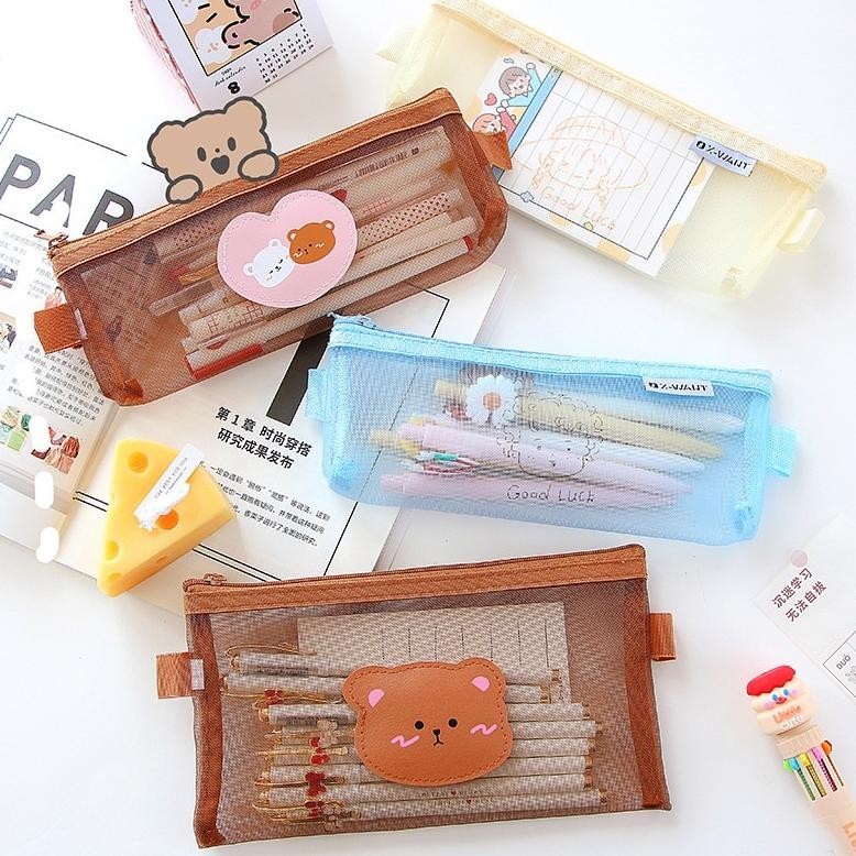 

8.8 Hc Tempat Pensil Zipper Coklat Motif Beruang Dompet Pensil Coklat Lucu Motif Bear Tempat Makeup Teddy Brown Model Jaring Transparan Dan Multicolour Cute Murah