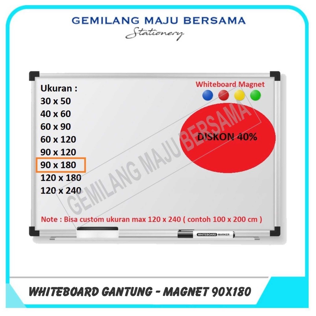 

Whiteboard / Papan Tulis Gantung 90 x 180 (Non Magnet/Magnet)