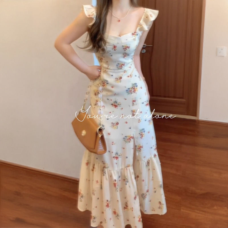 [Cream Winnie]Gaun Bermotif Bunga Seksi Perancis Rok Panjang Dengan Belahan Pelangsing