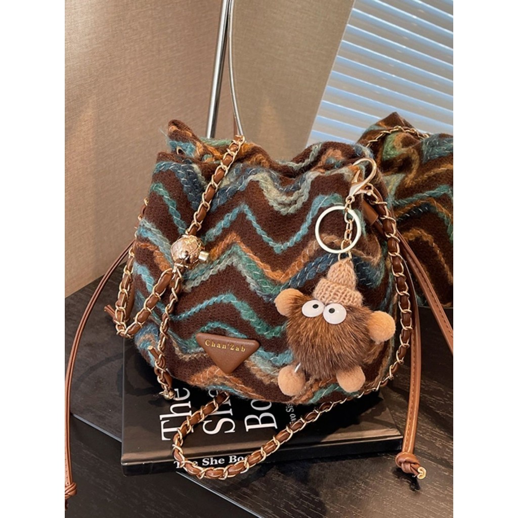 Bohemian Tas Rajut Wanita, Tas Kecil Wol Rajut Mode Rantai Tas Selempang Tas Ember Tali Serut