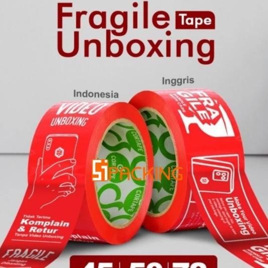 

Lakban Fragile Merah Isolasi Selotip Unboxing Tape Cortape 45Mm