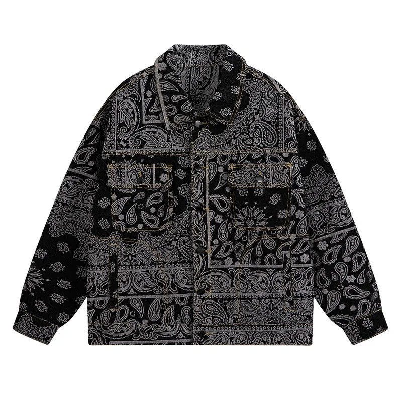 Men Paisley Bandana Print Denim Jacket Streetwear Pattern Jacquard Weave Coat Fashion Loose Long Sle