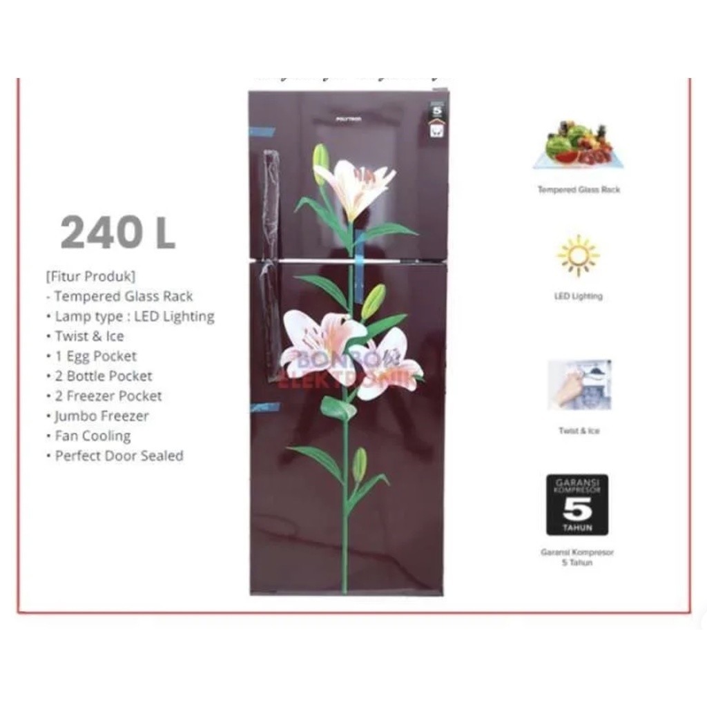 Polytron Kulkas 2 Pintu 240L PRB 287 / PRB287 New Belleza 240 L