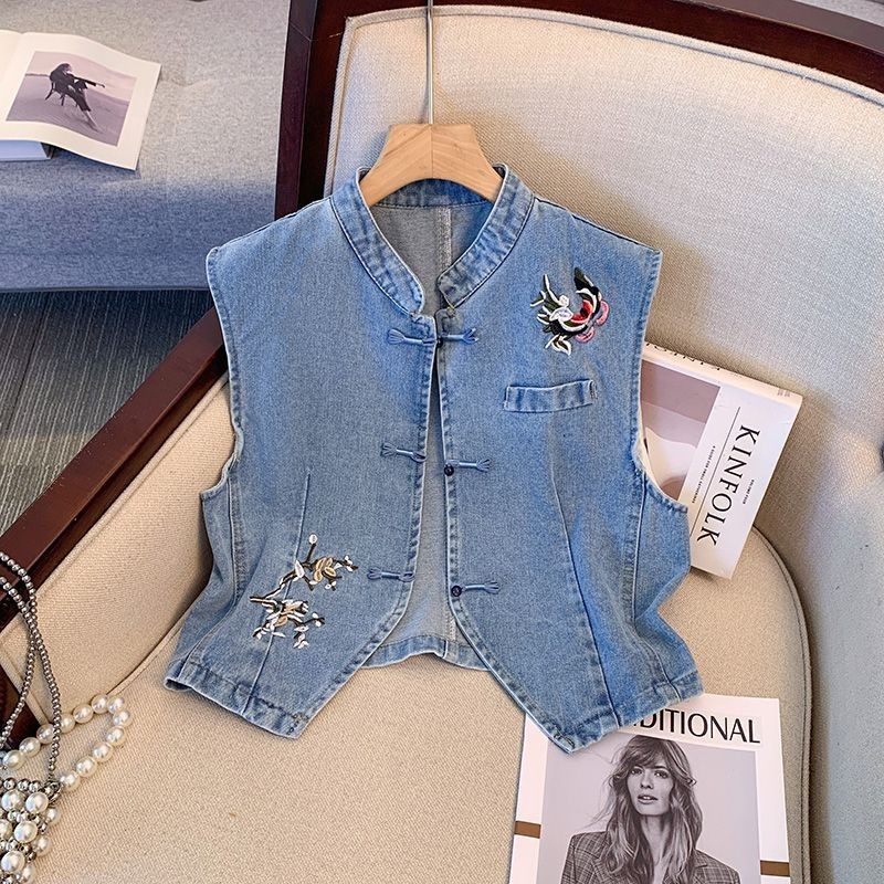 Kualitas Tinggi Rompi Denim Wanita Rompi Atasan Rompi Tanpa Lengan, Sulaman Kancing Simpul Tiongkok