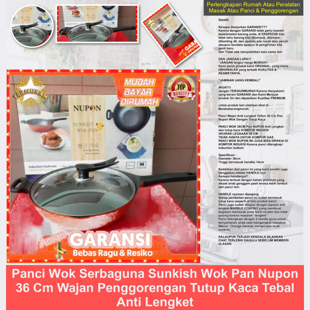 Panci Wok Serbaguna Sunkish Wok Pan NUPON 36 cm Wajan Penggorengan Tutup Kaca Tebal Anti Lengket