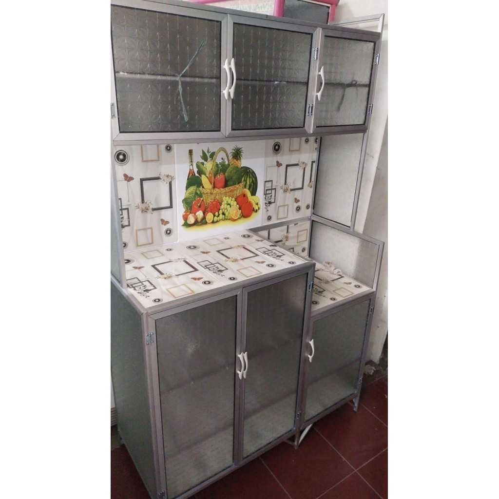 Lemari Piring Rak Piring Kaca 3 Pintu Alas Keramik Magic Seng Bogor