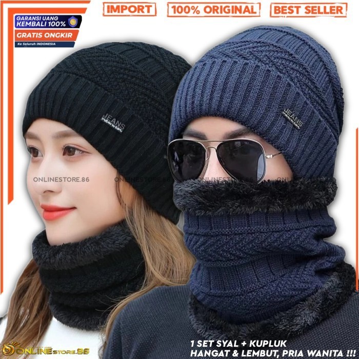 Topi Kupluk Syal Set Pria Wanita Kupluk Winter Thermal Hangat Salju