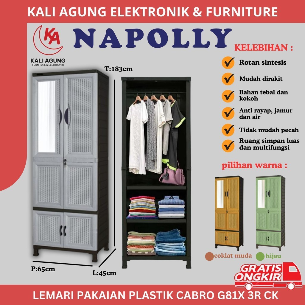 LEMARI PAKAIAN / LEMARI PLASTIK NAPOLLY / NAPOLI / NAPOLY / CABRO G81X / 3 RAK