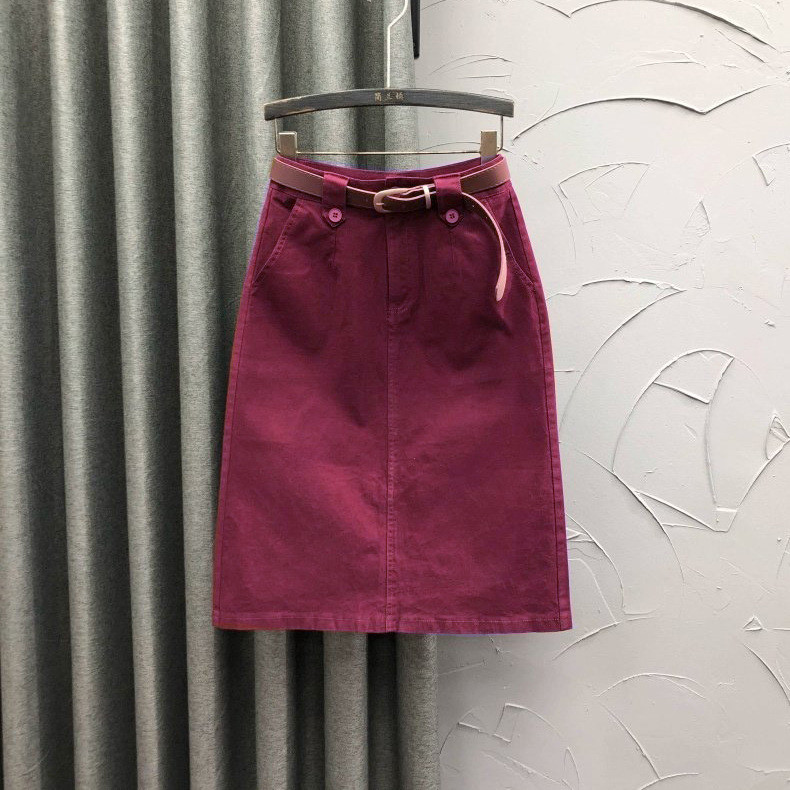 Rok Denim Merah Anggur Rok Tipis Musim Panas