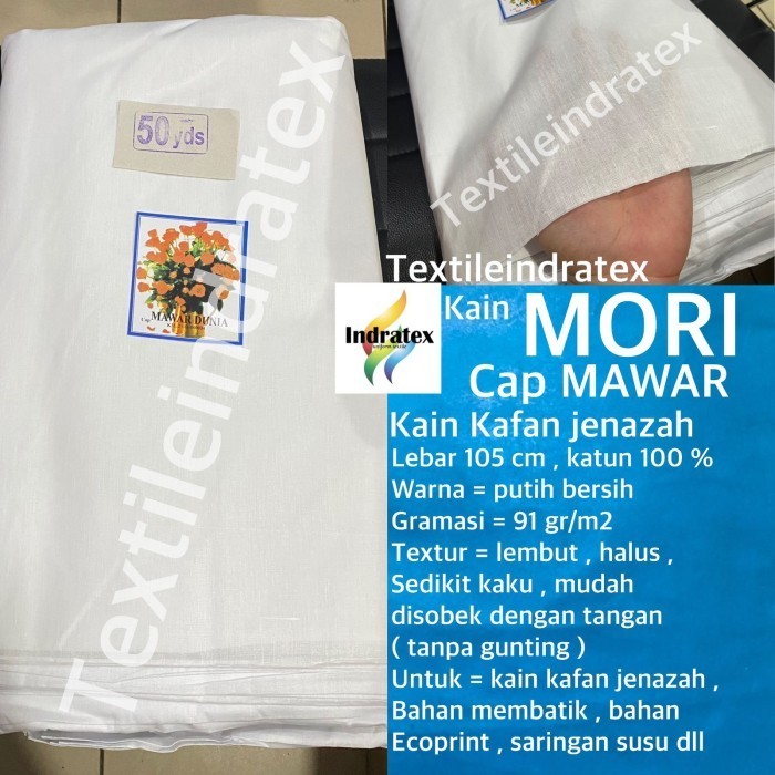 Kain Mori Kafan Primisima Putih Katun Batik Saringan Mawar Diana Rose