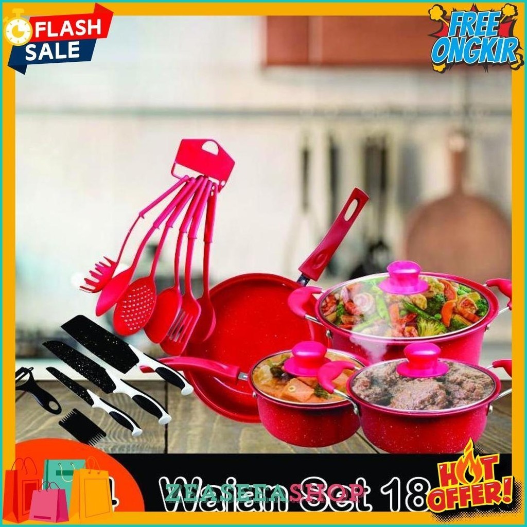 Panci Set 18 Lengkap Teflon Warna Cookware Frypan Saucepan Milkpot Free Spatula 6Pcs (Cod)