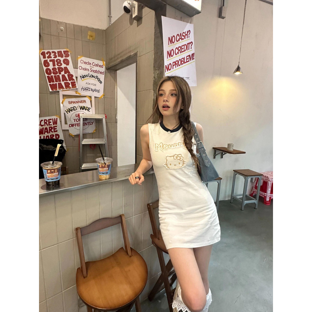 <Crunchy brulee> dressTank top desain cetak kartun gaun ramping kasual leher bulat wani00