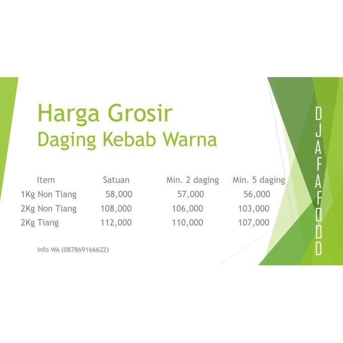 

Daging Kebab Warna 1kg Tanpa Tiang - Bogor LCM'