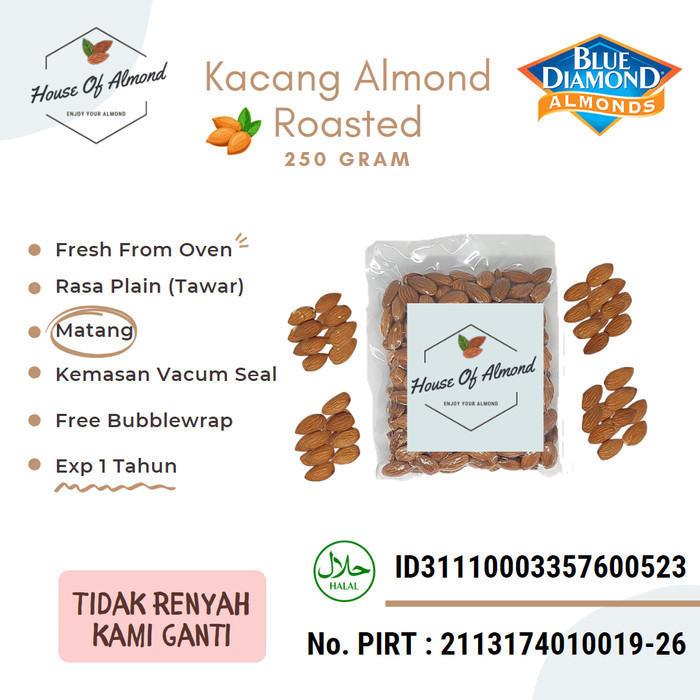 

KOMPLIT Roasted Almond Premium (Panggang) kacang almond Blue Diamond 250gram