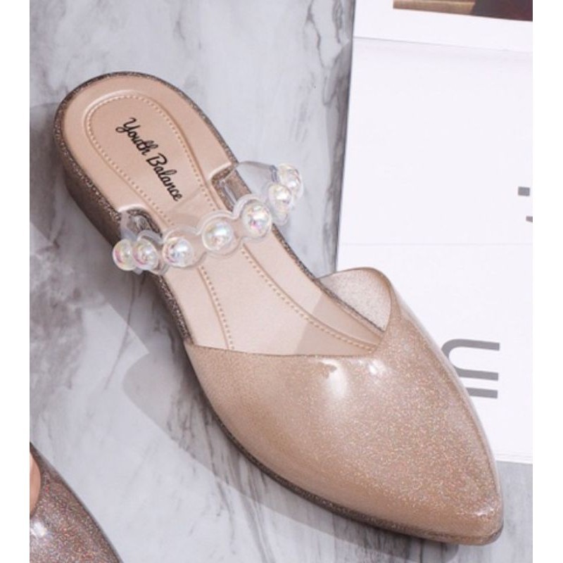 Sepatu Sandal Jelly Wanita Bening Transparan Glitter Mutiara 633 Terbaru