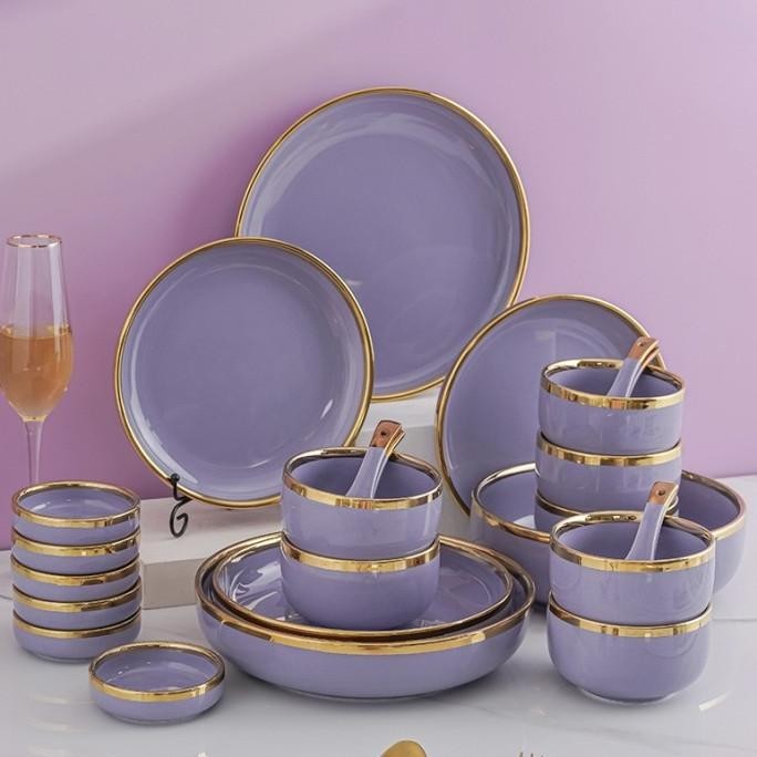 PetiteMaison Lilac Gold Plate Set / paket piring keramik cantik Ungu Purple Emas HST