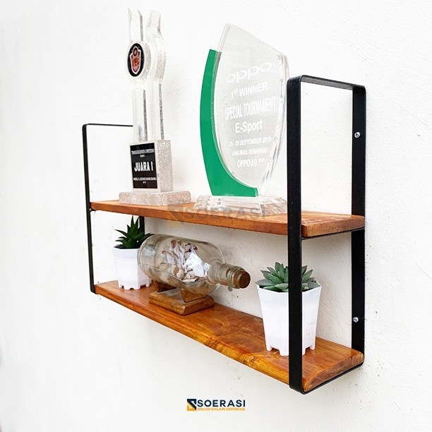 TORA Rak Dinding Tempel Gantung Ambalan Susun Tingkat 2 Ruang Tamu Keluarga Besi dan Kayu Penyimpana