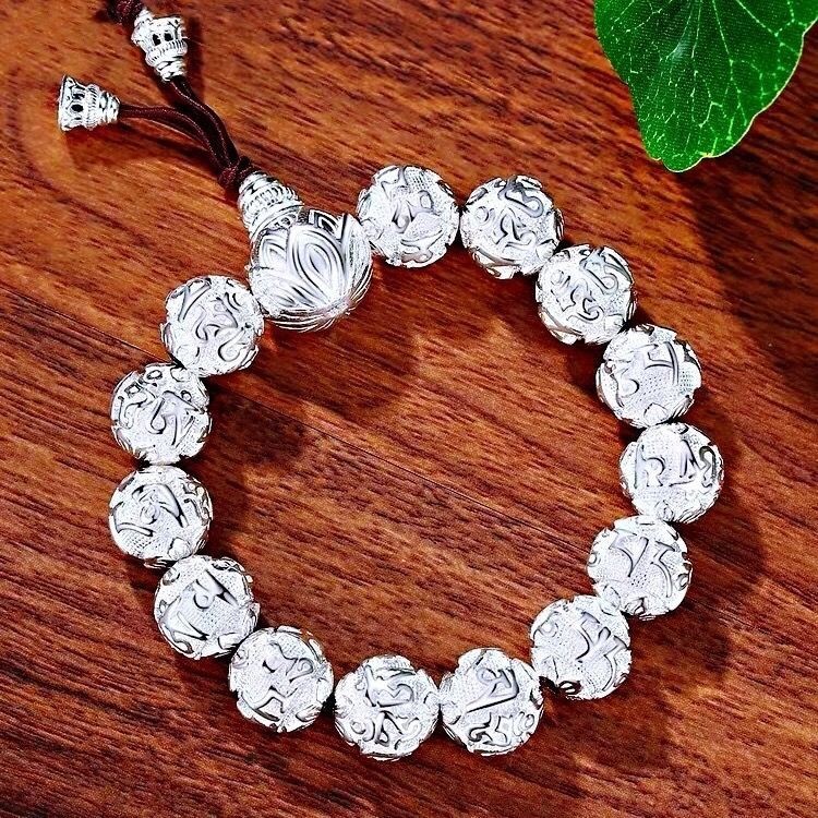 Tibetan silver999Buddha Beads Six Words Mantra Sterling Silver Bracelet