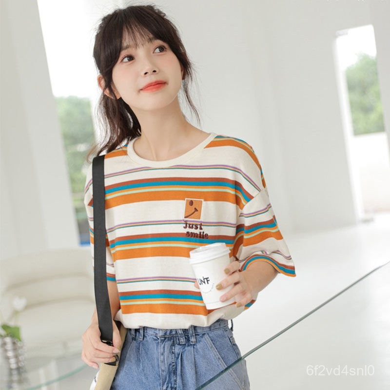 Gaya Korea Wanita Longgar Manis Keren Oranye Biru Kontras Warna Garis Katun MurniTBaju Kaos