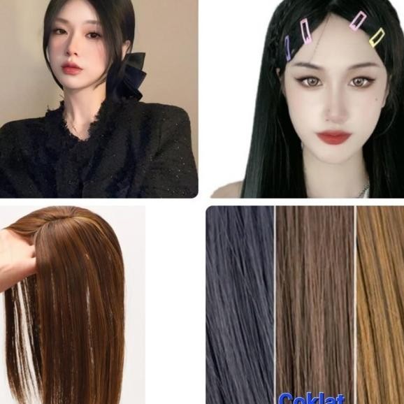 Toupee Tanpa Poni Wig Utup Uban Poni Panjang Belah Tengah