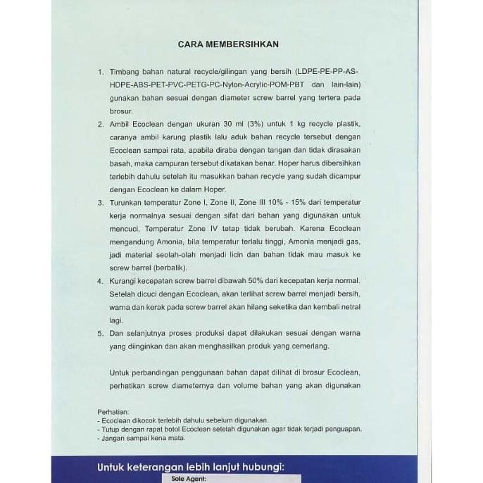 Ecoclean Emulsione Pembersih Mesin Plastik Screw Barrel Injection Extr