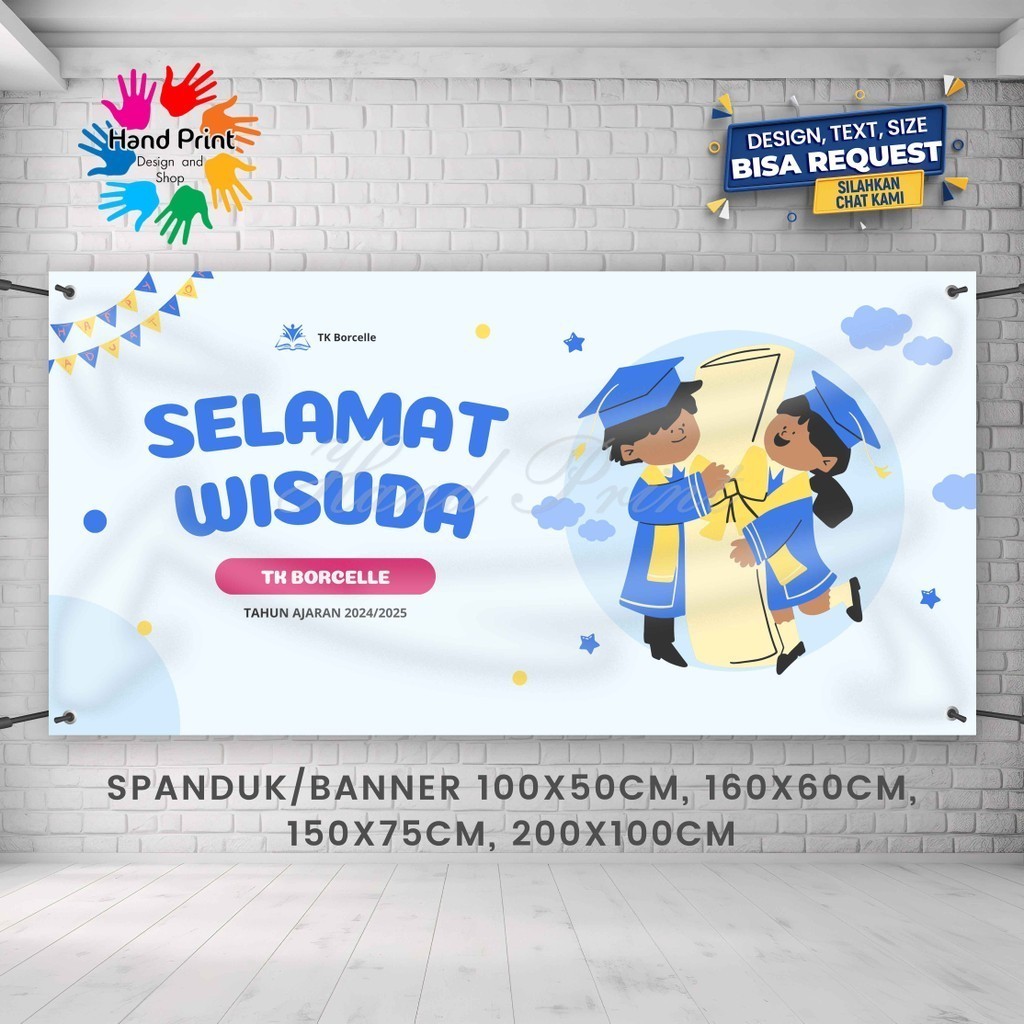 Cetak Spanduk Banner Wisuda Kelulusan Perayaan Selamat Wisuda Biru MMT Spanduk Custom 200x100