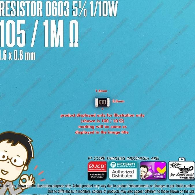 Terbaru (20) RESISTOR 0603 5% 105 / 1M OHM SMD 1608 thingie43 Murah