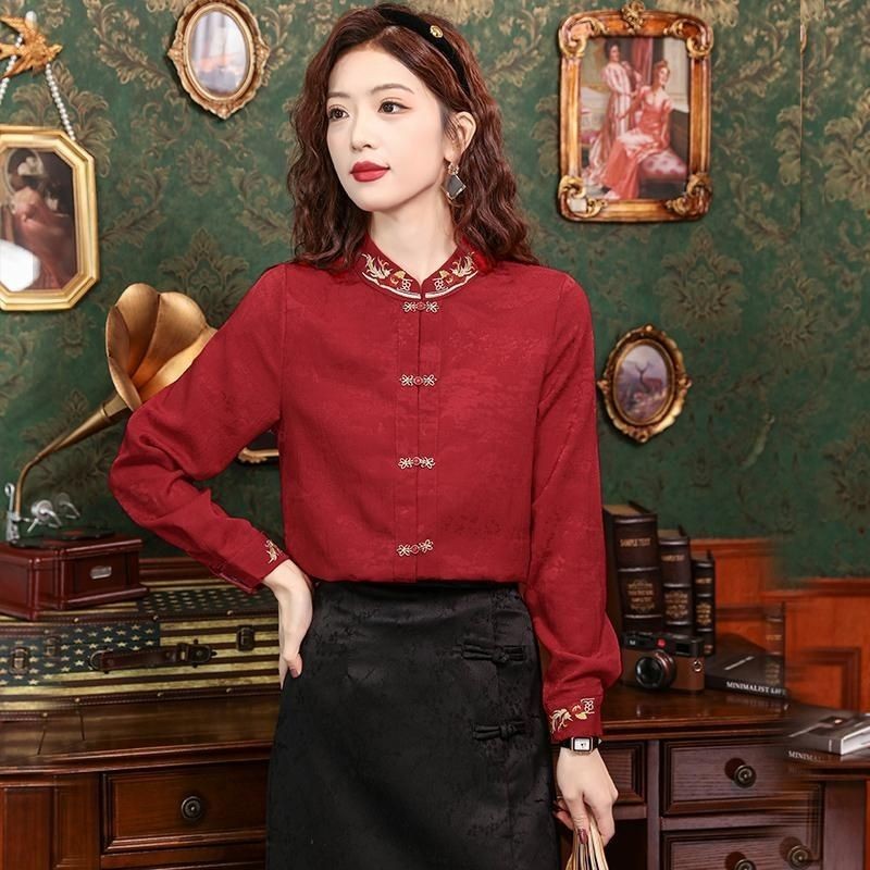 Kemeja Kerah Berdiri Bordir Gaya China, Atasan Wanita Hanfu