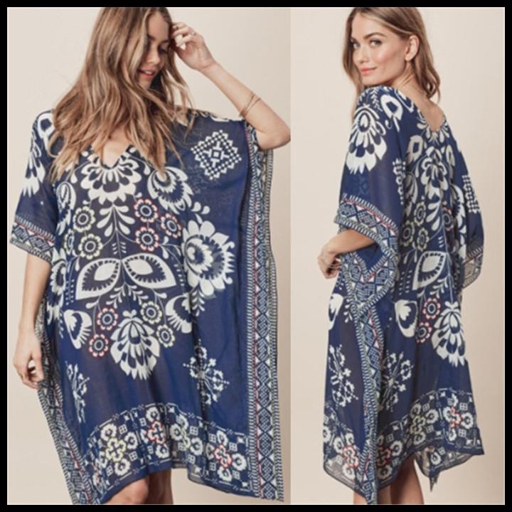 Blue Bohemian Chiffon Bikini Outer Wanita / Mini Dress Cover Up Bikini