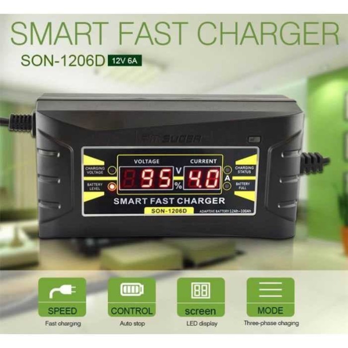 Super Smart Battery Charger 12V 6A, Cas Aki Batere Smart Fast Charger