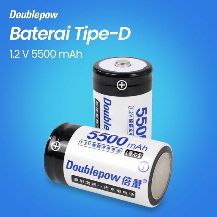 2PC Baterai Cas Tipe Size D 1.2V 5500mAh Recharge Button Top Doublepow