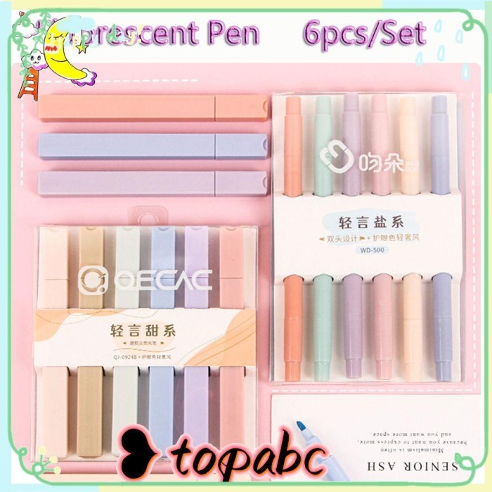 

Vee Top 6Pcs/Set Pen Neon Lucu Berkepala Dua Perlengkapan Sekolah Alat