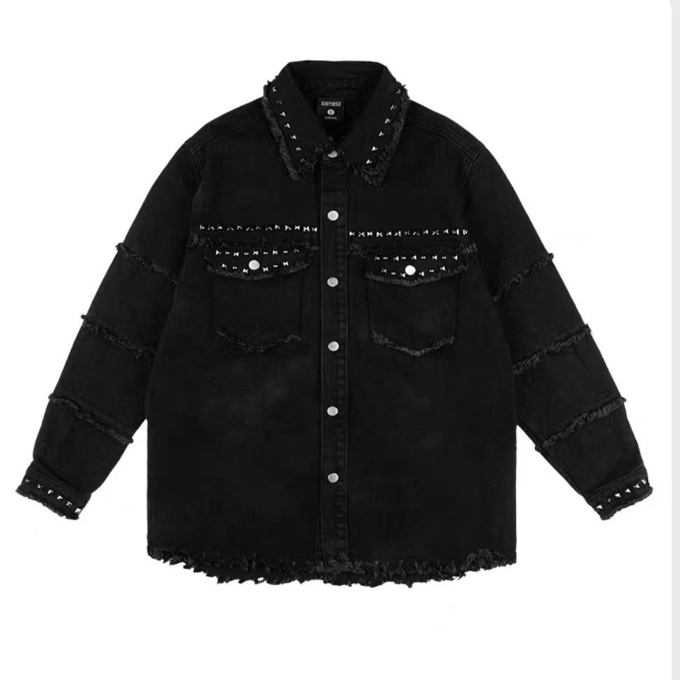 Men's Fashionable Denim Burr Jacket with Special-Interest Metal Punk Rivet Design Sense