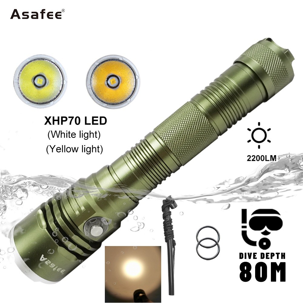 Asafee A18 2200LM Senter Selam LED Kuat 2000LM XHP70 Lampu Putih/Kuning Senter Selam Kedalaman 80M T
