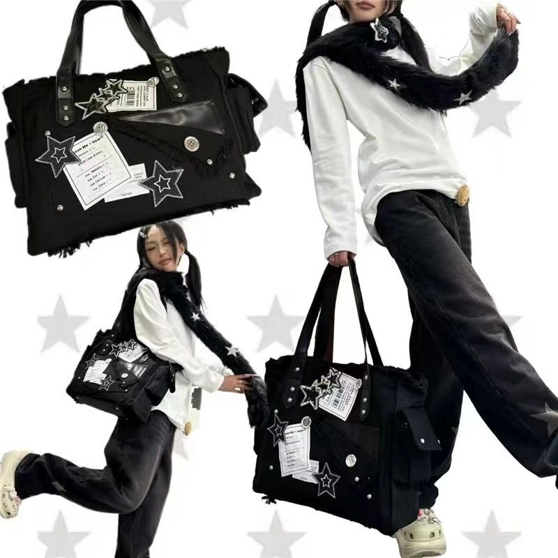 Tas bahu star Y2K tas tote komuter gotik kanvas kapasitas besar import