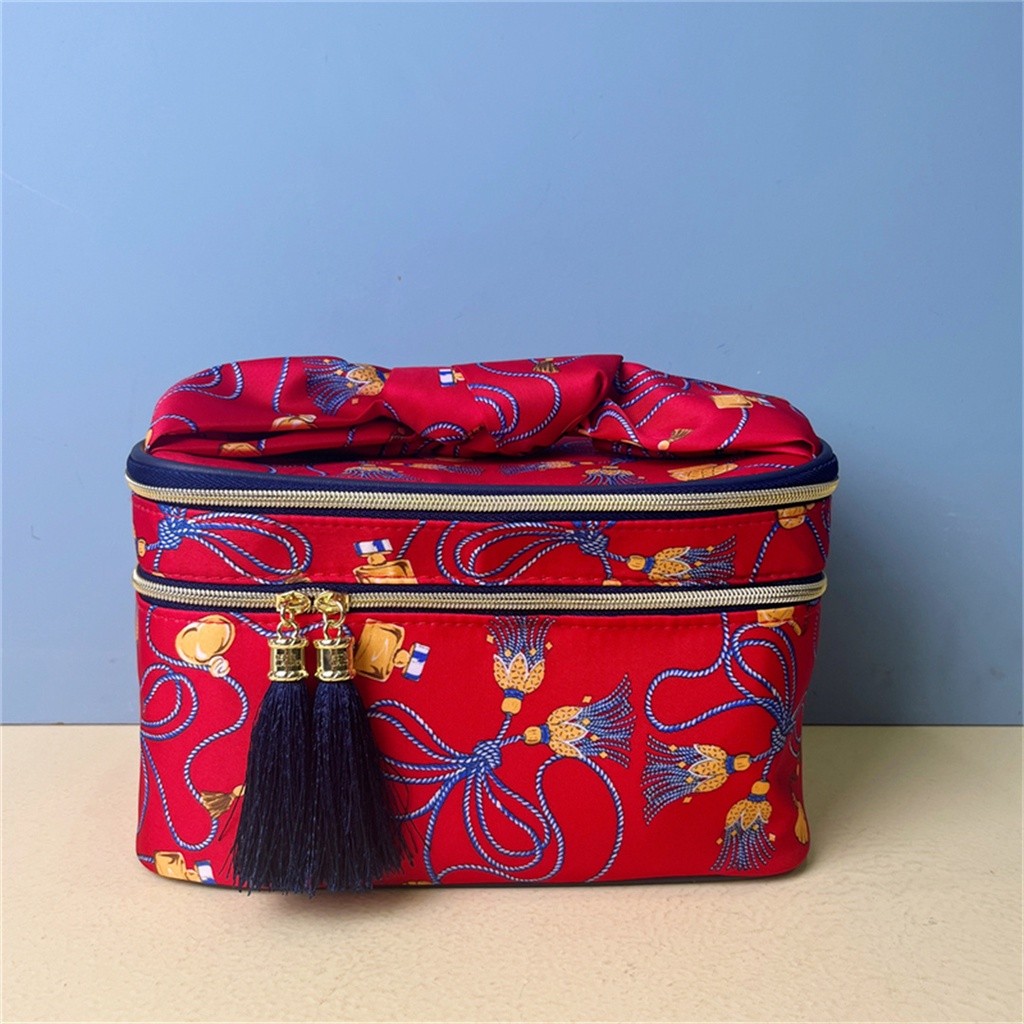 ESTEE Kotak Penyimpanan Cetak Merah Lapisan Ganda Tas Kosmetik Kapasitas Ganda Perjalanan Kotak Peny