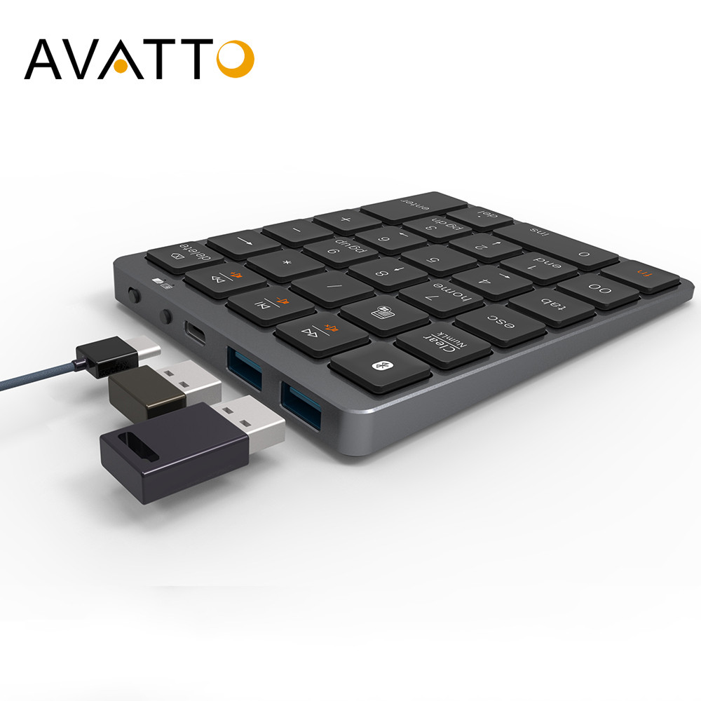 AVATTO Paduan Aluminium 28 Tombol Papan Ketik Numerik Nirkabel Bluetooth dengan USB HUB Lebih Banyak
