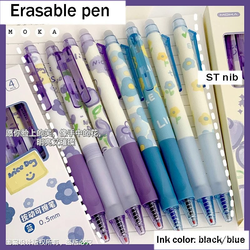 

4pcs Cute Erasable Pen Black/Blue Ink School Supplies Aesthetic Stationery Kawaii Gel Pens Set Ballpoint Pen Back To School J4ZI