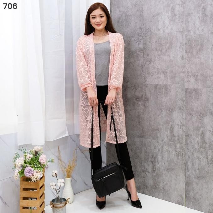 cardigan brukat lace panjang putih brocade import outer pantai cantik tpd