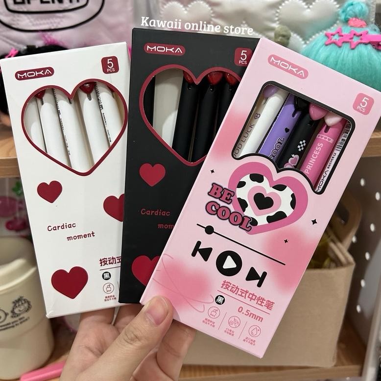 

edf-62 5pcs Set Pulpen Gel Lucu Heart Pen Kawaii Aesthetic Tinta Hitam Hemat