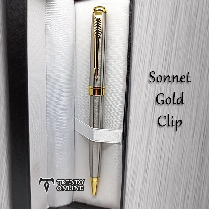 

jy-6 Pulpen Model Parker Sonnet Stainless Steel Klip Emas FREE Grafir Nama dan Box Exclusif Terlaris