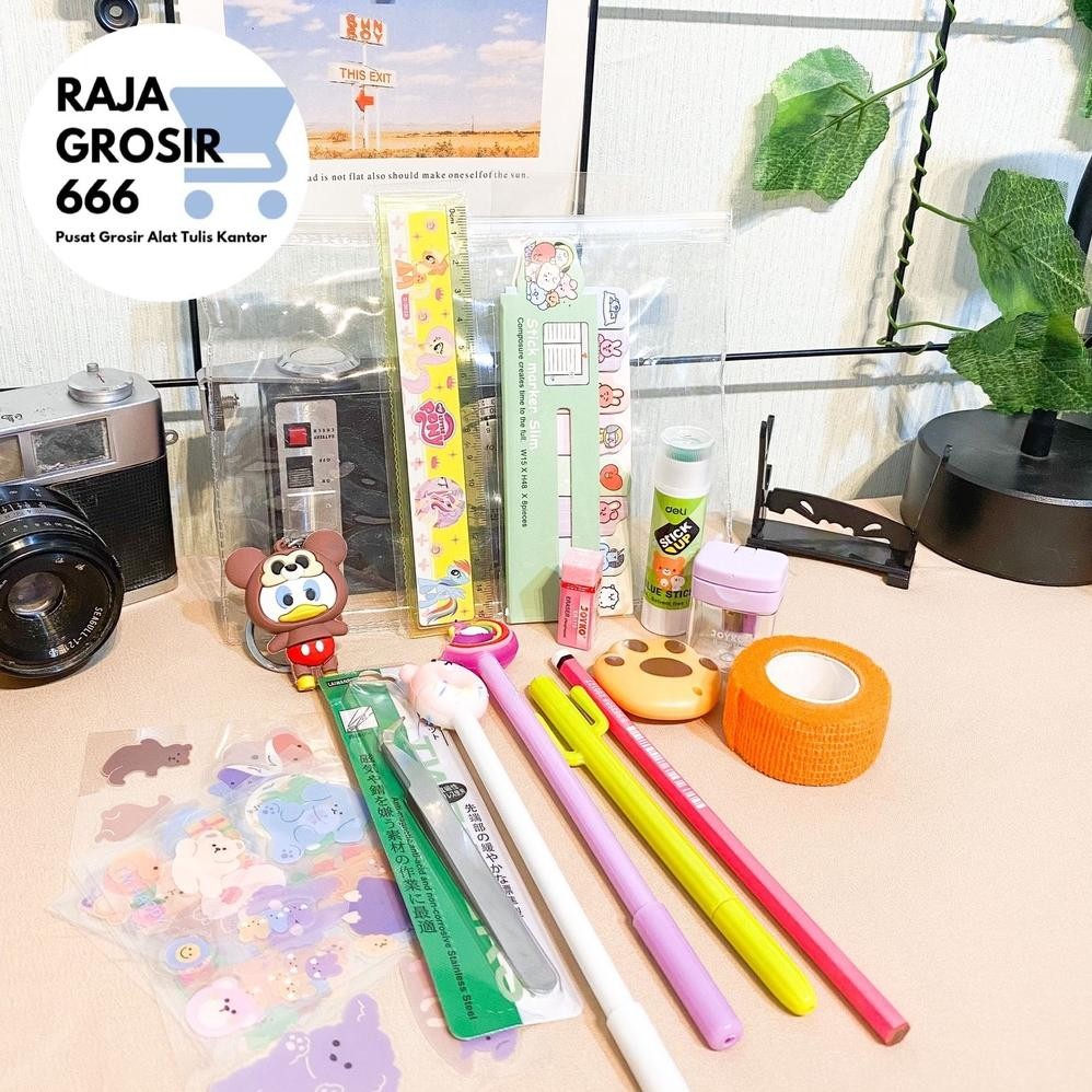 

er-79 Pouch Set alat tulis sticker pensil gantungan kunci pulpen pena pensil penggaris sekolah sticky notes penjepit sticker cutter mini finger protector Sale