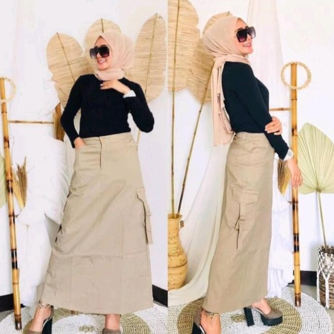 rb9 rok korean style panjang wanita jumbo rok cargo warna cream rb9 HT