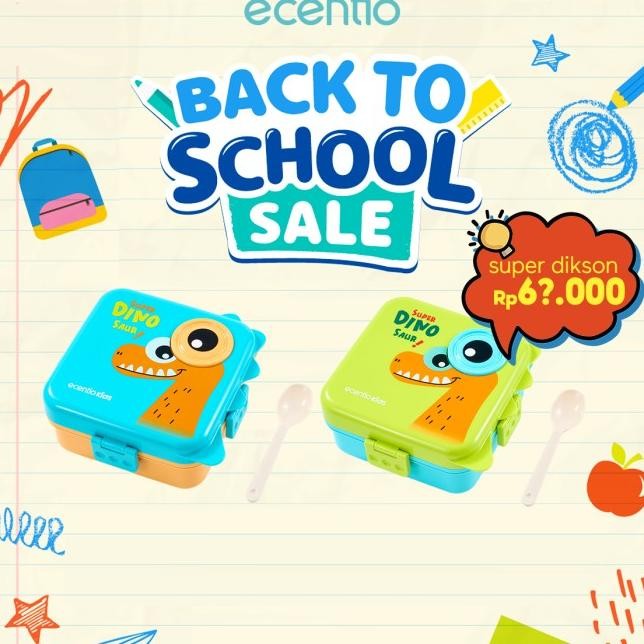 PP 5ECENTIO KOTAK MAKAN ANAK 3 SEKAT 1100ML 2 LAYER KARTUN DINOSAURUS DENGAN SENDOK GRATIS BPA FREE 