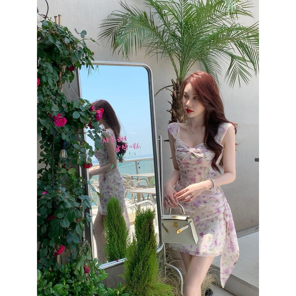 [Cream Winnie]Dress rok bunga pita romantis untuk wanita rok pendek ala Korea