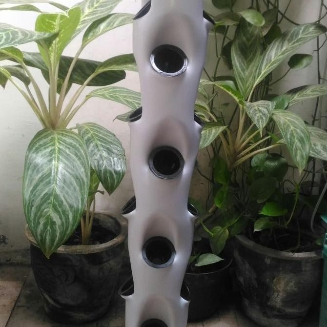 TERBARU - POT TOWER VERTIKAL HIDROPONIK 4 INCH 1 M 24 LUBANG INCLUDE NETPOT