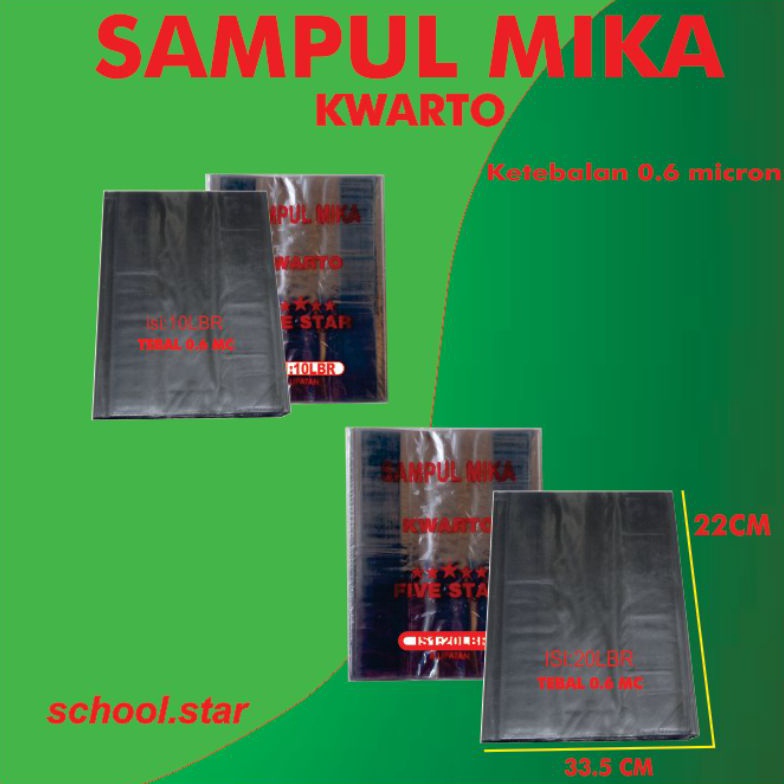 

Big Sale SAMPUL BUKU MIKA KWARTO ISI 10 & 20 LEMBAR MERK :FIVE STAR / DENGAN KETEBALAN PLASTIK NYA 0.6 micron GR9