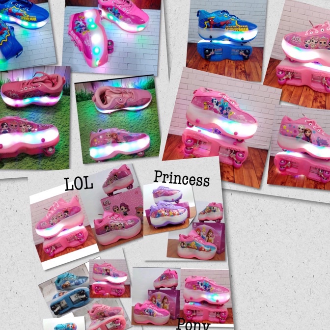 (QX♡.1❣> ORIGINAL TERMURAH Sepatu Roda 4 Lipat Karakter / Frozen / Pony / LOL / Princess / Lampu / L