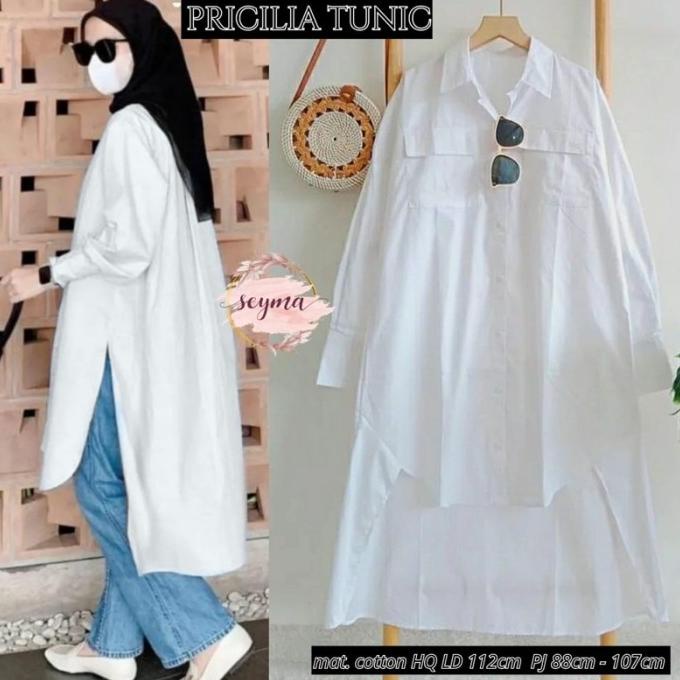 Pricilia Tunic putih polos tunik wanita tunik muslim long tunik jumbo