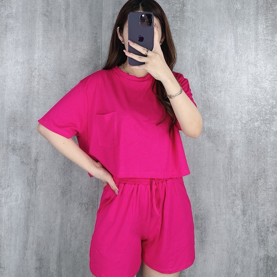 Paling Laku One set crop pocket| setelan crop kantong.